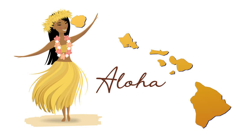 graphic of a hula dancer with map of hawaii and caption aloha