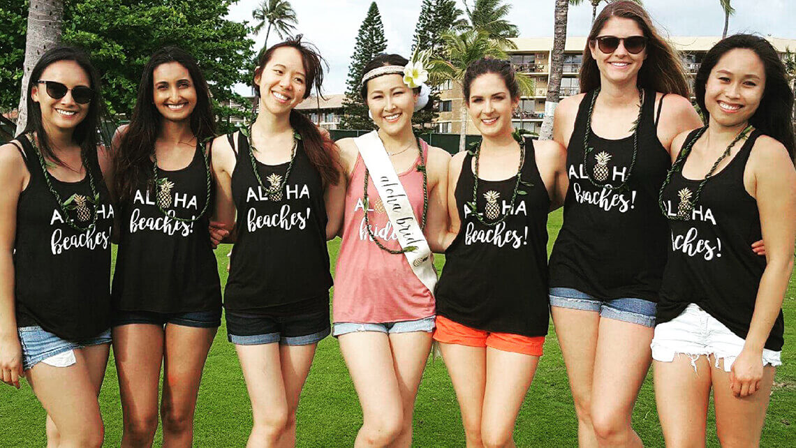 bachelorette party with matching aloha tshirts after hula lessons
